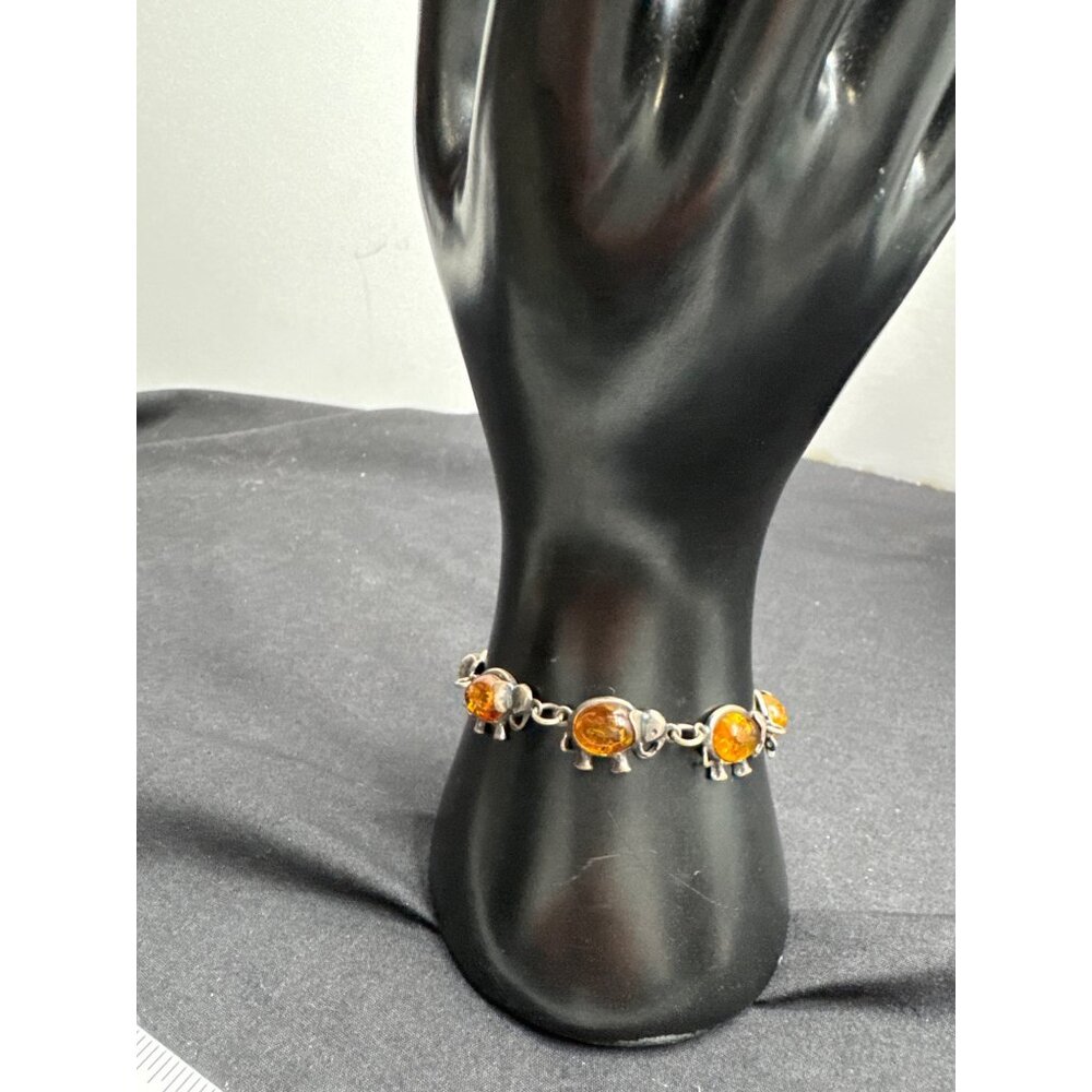Baltic Honey Amber Lucky Elephant Sterling Silver 7" Bracelet